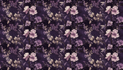 Seamless floral pattern with purple flowers and leaves. Floral fabric and textile wallpaper	