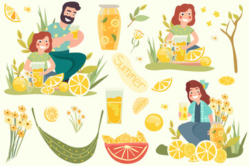 Happy family enjoys the outdoors while sipping refreshing lemonade and sharing moments of joy.Fruit drink, mother, father and child, flowers.Picnic on the nature.Poster for your design. Vector.