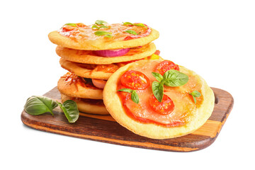 Board with tasty mini pizzas on white background