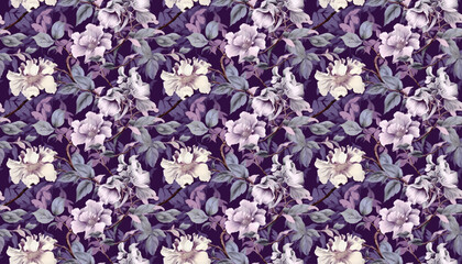Fototapeta premium Seamless floral pattern with purple flowers and leaves. Floral fabric and textile wallpaper 
