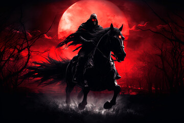 A man riding on the back of a horse in front a red moon. Generative AI