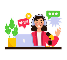Podcast host. Woman in headphones sits at a table with a laptop and a microphone. Radio show. Vector graphic.