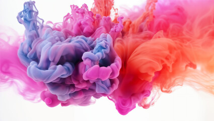 Colorful pink-red rainbow smoke paint explosion, color fume powder splash, the motion of liquid ink dye in water