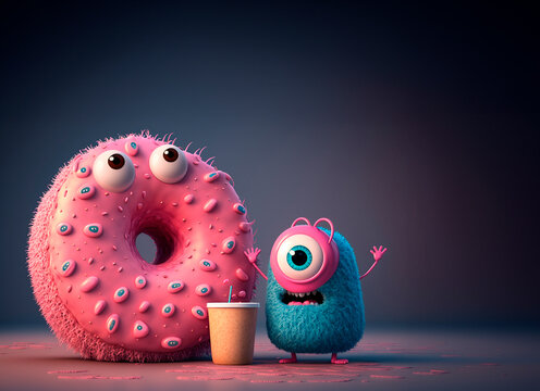 Cute pink donut and little monster. Generative AI. Character for children's book, video game. National Donut Day or Fat Thursday. Funny illustration for pizzeria, cafe, fast food, menu. Copy space.