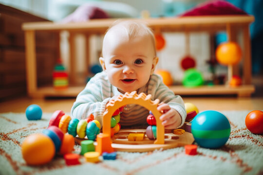 Joyful baby playing with colorful, sensory toys, baby Generative AI
