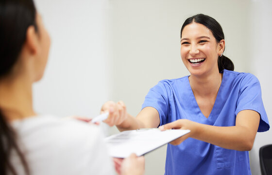 Documents, happy and a nurse helping a patient in the hospital during an appointment or checkup. Insurance form, smile and a medical assistant at a health clinic to help with check in or sign up