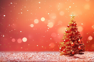 Obraz premium Winter decorated Christmas tree on a red and gold background with snow. Christmas card. Merry christmas and New Year.Generative AI