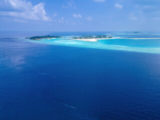 Fototapeta na wymiar An aerial view of Kandoomaa Fushi (left) and Guraidhoo (right) Islands, Maldives