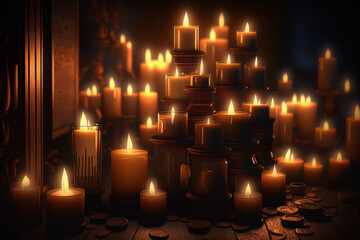 Many candles in the dark. AI Generated
