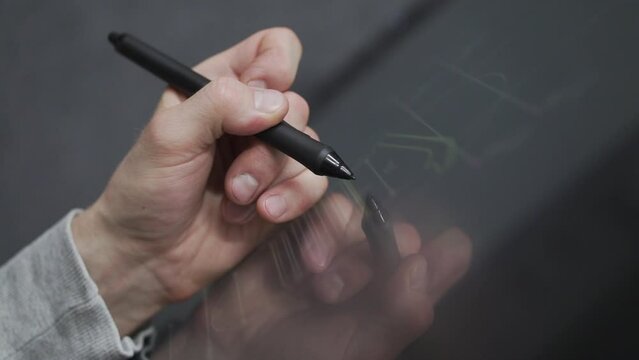 Creative Industrial artist designer working with interactive tablet pc pen. digital blueprint editing. ProRes stock footage