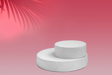 Podium for Cosmetics, Soap, Items Presentation. Abstract Minimal Geometric Sphere. Cylinder Two Forms, Soft Shadow. Scene to Show Product, Object. Showcase Display Case. Palm Leaf, Red Tones Ad Stand