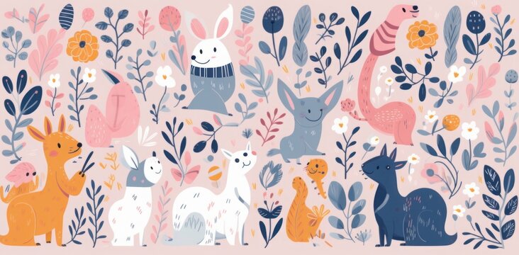 Abstract doodles. Baby animals and flowers pattern. illustration with cute animals. Nursery baby illustration, Generative AI