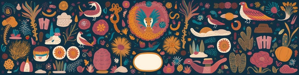 Mexico big collection. Mexican decorative pattern. Map of Mexico with traditional symbols and decorative elements. Symbols of Mexico, Generative AI