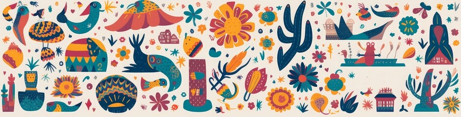 Mexico big collection. Mexican decorative pattern. Map of Mexico with traditional symbols and decorative elements. Symbols of Mexico, Generative AI