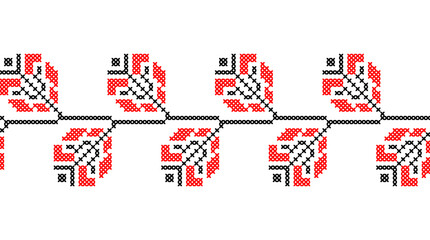 Ukrainian pattern. Vector ornament, seamless border. Ukrainian folk, ethnic geometric embroidery. Pattern in red and black colors. Pixel art, vyshyvanka, cross stitch