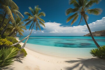 Fototapeta na wymiar Ai generation Serene Beachscape with Palm Trees and Turquoise Waters