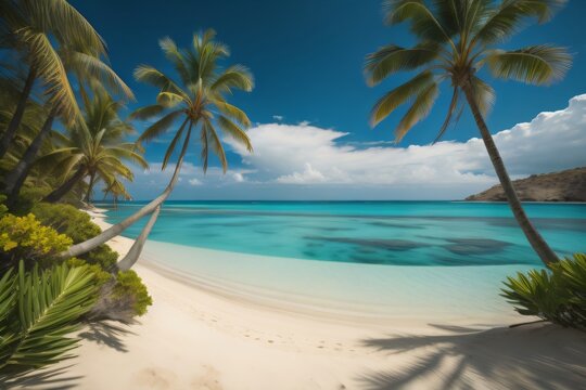 Ai generation Serene Beachscape with Palm Trees and Turquoise Waters