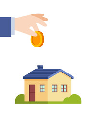 Color vector illustration of a house in flat style. A man's hand holds a coin. Rent, purchase, sale of real estate, home loan