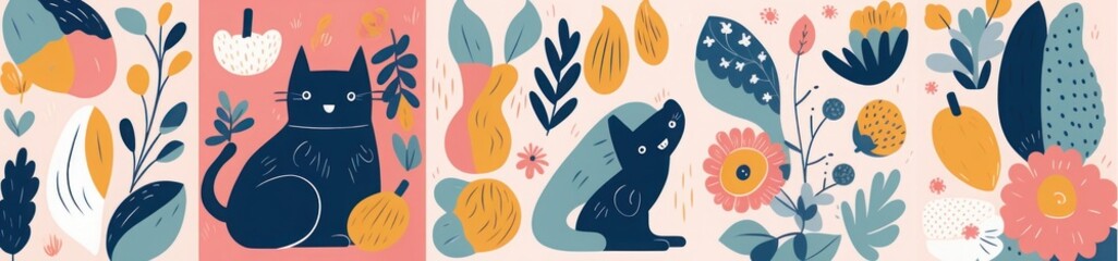 Cute spring pattern collection with cat. Decorative abstract horizontal banner with colorful doodles. Hand-drawn modern illustrations with cats, flowers, abstract, Generative AI
