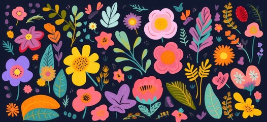 Colourful bright flower collection with flowers, leaves, floral bouquets, rainbows, Generative AI
