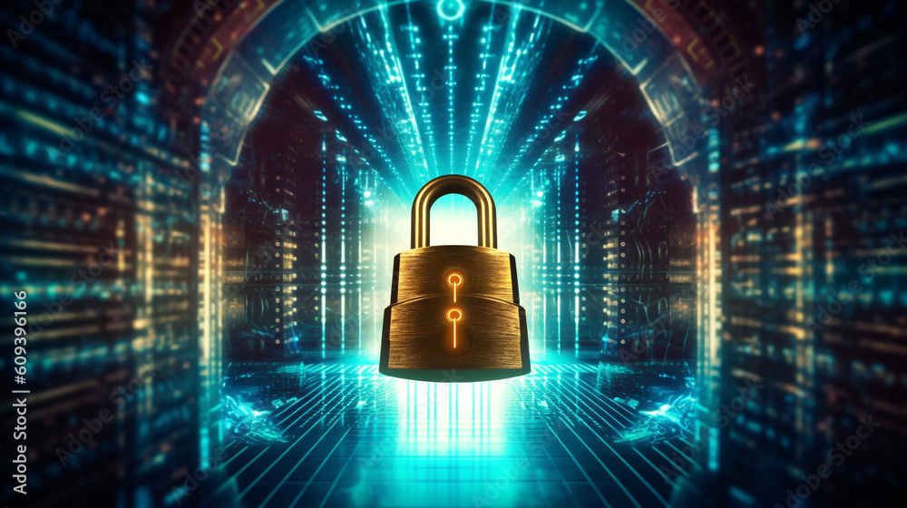 Poster lock visualize the concept of internet safety and personal data privacy as a shielded lock protectin