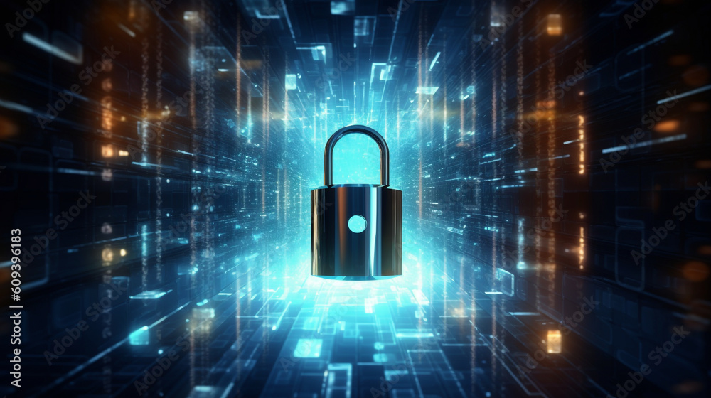Poster visualize the concept of internet safety and personal data privacy as a shielded lock protecting a n