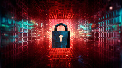 binary code lock Visualize the concept of internet safety and personal data privacy as a shielded lock protecting a network against hacker attacks, with binary code in the background, Generative AI