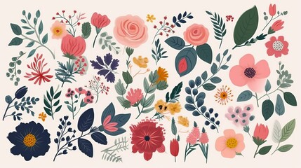Beautiful romantic flower collection with roses, leaves, floral bouquets, flower compositions, Generative AI