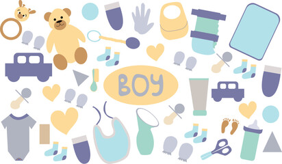 Baby flat doodle set hand drawn. Stock vector illustration for design elements, textile prints, cover, logo