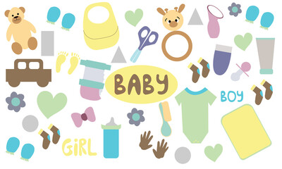 Baby flat doodle set hand drawn. Stock PNG illustration for design elements, textile prints, cover, logo