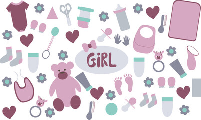 Baby flat doodle set hand drawn. Stock vector illustration for design elements, textile prints, cover, logo