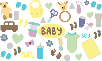 Baby flat doodle set hand drawn. Stock vector illustration for design elements, textile prints, cover, logo