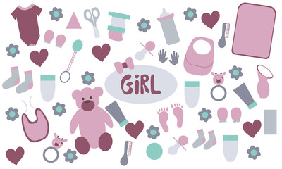 Baby flat doodle set hand drawn. Stock PNG illustration for design elements, textile prints, cover, logo