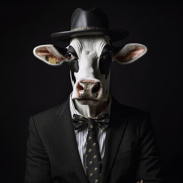 portrait of a cow in a suit with a hat and a tie