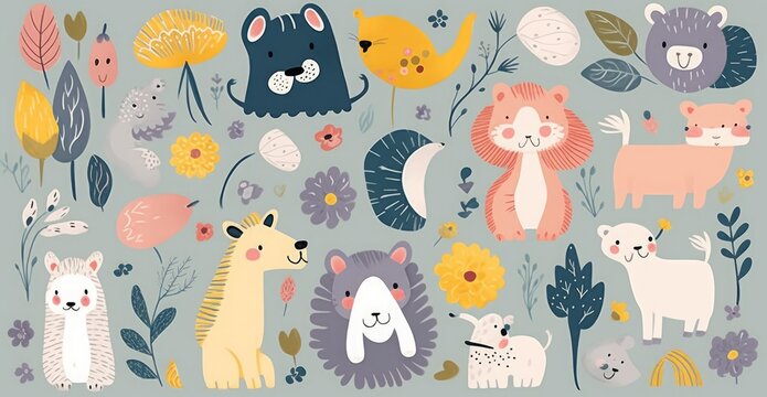 Baby hand drawn design for textile, posters, cards. Baby animals pattern. Fabric baby design.. Vector illustration with cute animals. Nursery baby pattern, Generative AI