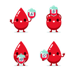 Cute Cartoon Red Droplet holding Type of blood Bag isolated on white background. Give Blood for poster, banner, and background. Vector illustration flat design. blood donation day concept.