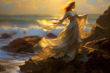 Woman in white dress by the seashore at dawn, painting. Generative AI