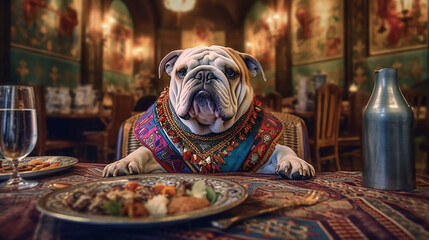 Generative AI. Picture a well-dressed bulldog in a tailored suit - obrazy, fototapety, plakaty