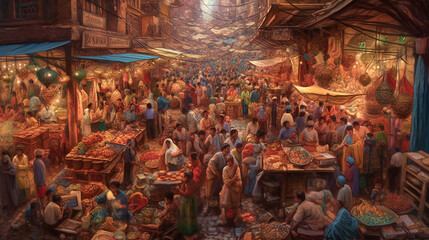 Colorful abstract painting of a bustling people on Ramadan bazaar before Eid. Generative AI.