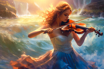 Woman in dress playing violin with ocean waves in the background, painting, Celtic. Generative AI - obrazy, fototapety, plakaty