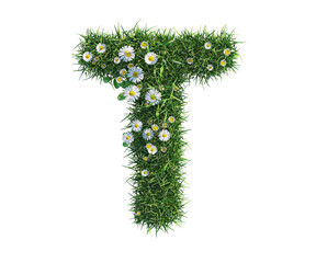 3D font letter T, cut out PNG, made of grass and daisy flowers, isolated on white background