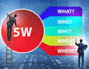 Five whys concept with businessman pressing virtual button