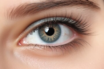 Obraz premium Close up shot of beautiful woman's blue eye with long eyelashes. Created with Generative AI tools