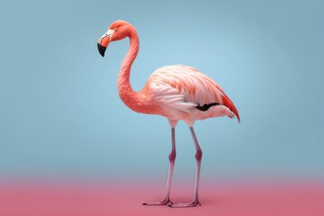 Fototapeta premium Pink flamingo isolated on blue background. Minimal design. Created with Generative AI tools