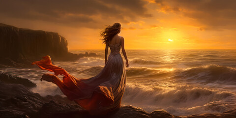 Fototapeta Woman in dress standing on seashore at dawn. Generative AI obraz