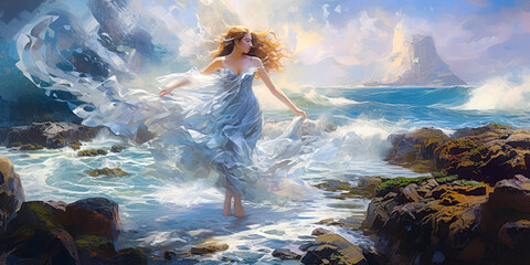Woman in flowing white dress merging with the waves by the blue seashore, painting. Generative AI - obrazy, fototapety, plakaty