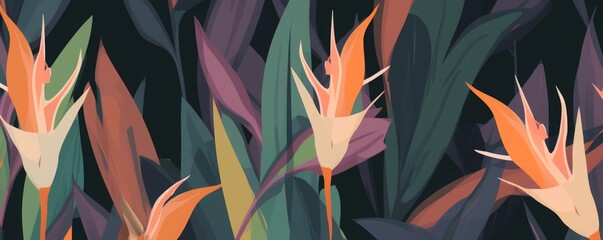 Hand drawn abstract jungle pattern with strelitzia flower. Creative collage contemporary seamless pattern. Natural colors. Fashionable template for, Generative AI