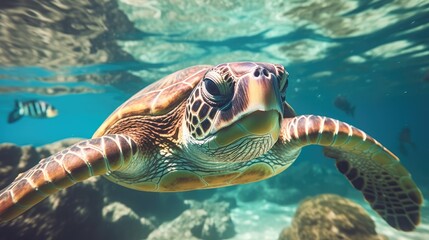 Hawaiian Green Sea Turtle swimming in clear shallow water