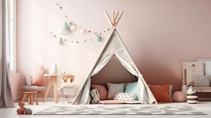 Fototapeta na wymiar Cute Children's Playroom. Pastel Interior with Play Tent. Copy Space. Generative AI.