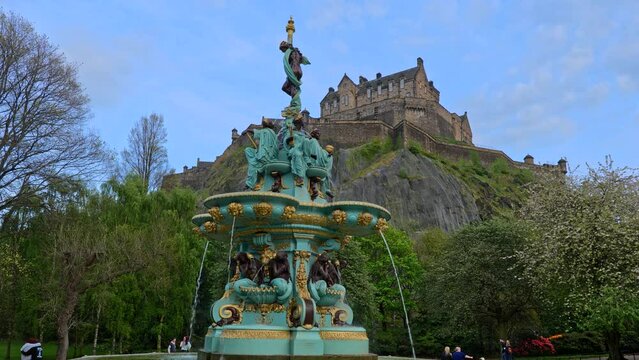 Ross Fountain and Edinburgh Castle in city of Edinburgh, Scotland, UK.